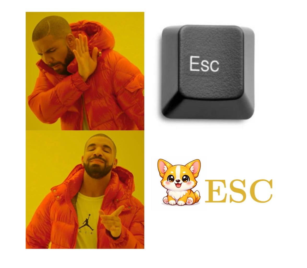 Drake meme: rejecting the plain Esc keyboard key, choosing the cute ESC corgi logo instead